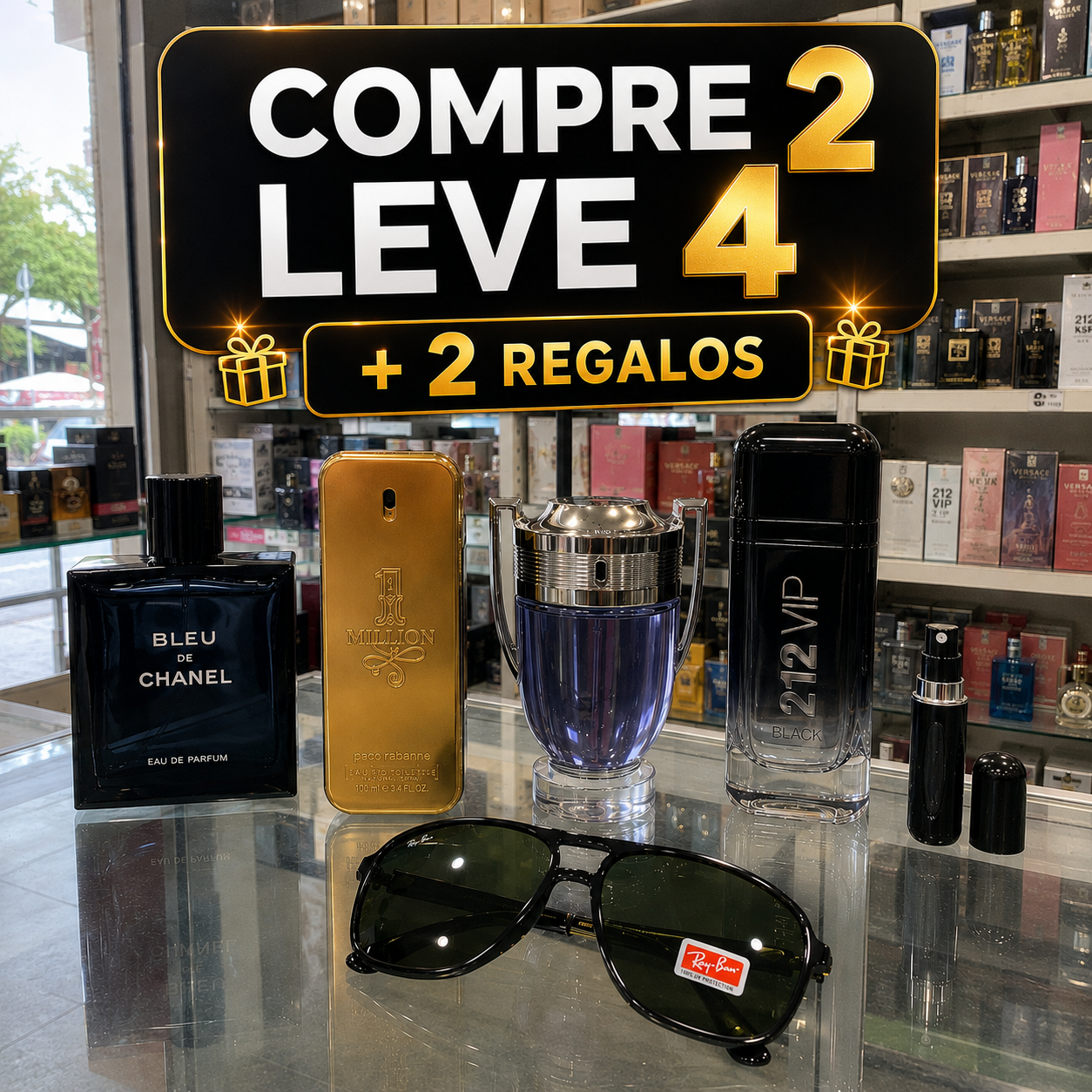 ONE MILLION - INVICTUS - 212 VIP BLACK - BLEU CHANEL + 2 REGALOS GAFAS RAYBAN Y PERFUMERO RECARGABLE